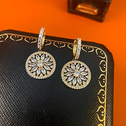 Luxury Round Pendant Flower Hoop Earrings For Women Gold Silver Color Zircon Ear Buckle Bridal Wedding Party Versatile Jewelry