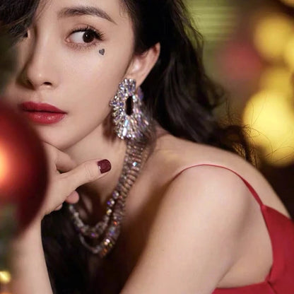 Luxury Exaggerated Crystal Earrings for Women Large Circle Flower Shiny Rhinestone Stud Earring Trendy Fashion Jewelry
