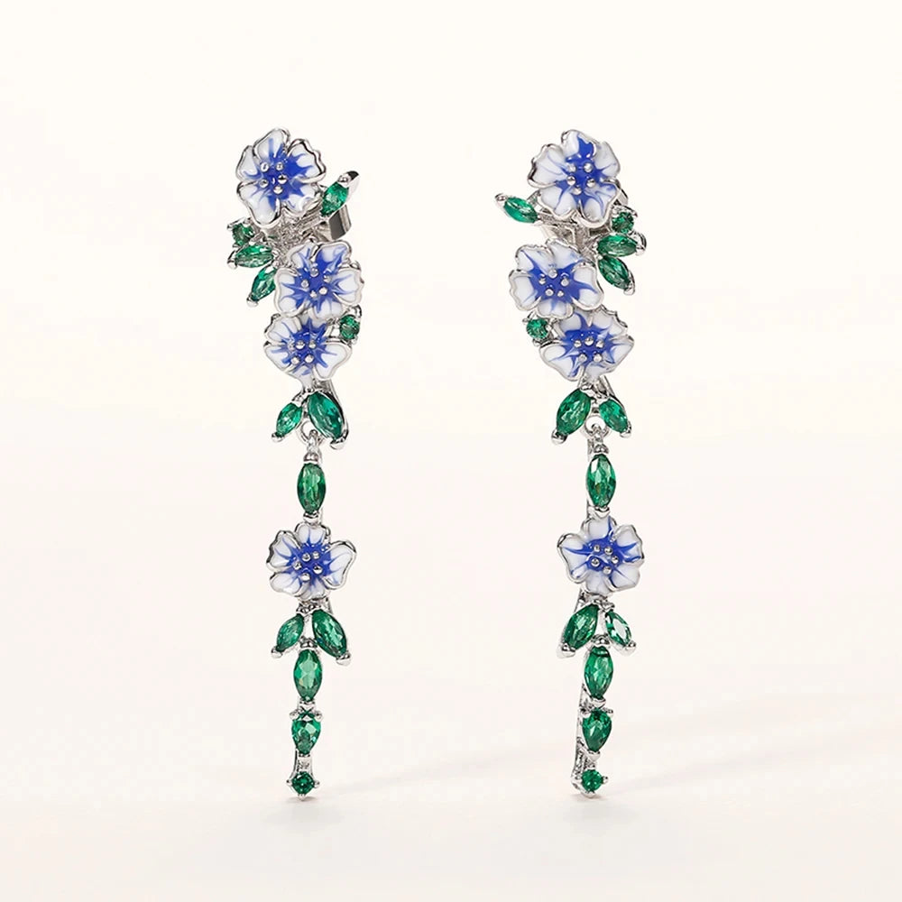 Luxury Romantic Enamel Flower Earrings Women Elegant Delicate Blue Trumpet Flower Long Aesthetic Earrings Wedding Party Gift New