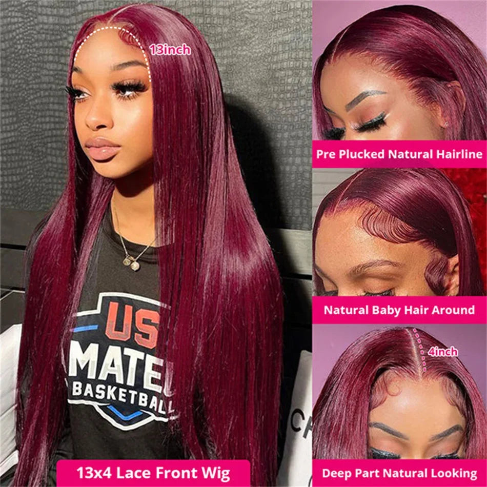 99J Burgundy  Straight Lace Front Human Hair Wigs 13x4 13x6 HD
