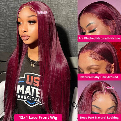 99J Burgundy  Straight Lace Front Human Hair Wigs 13x4 13x6 HD