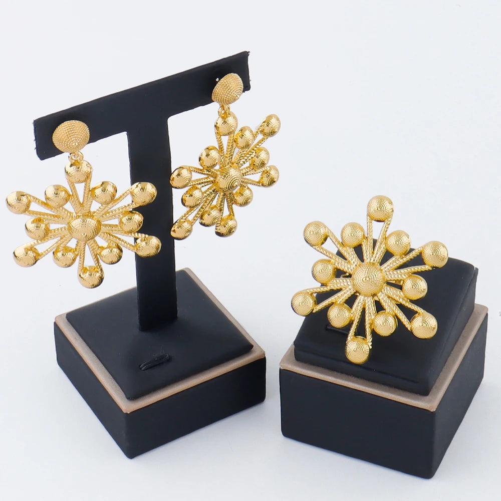 Luxury Handmade Big Earrings Ring Set  Plated Dubai Chain Wedding Jewelry Bridal Accessory Arab Turkis Earrings Women
