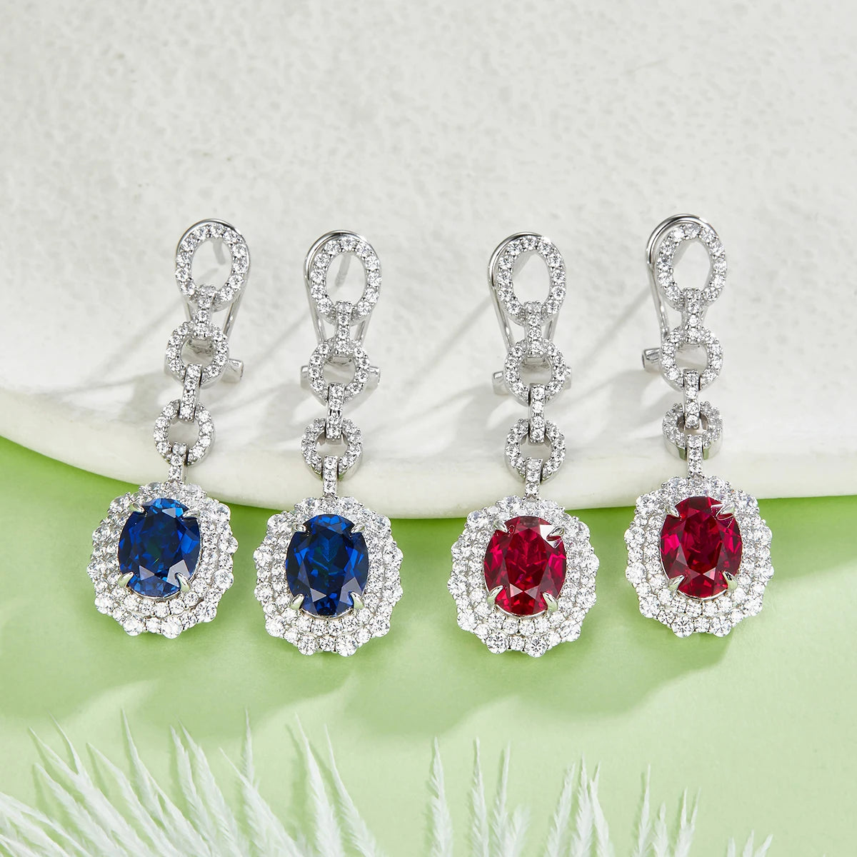 Luxury Long Earrings S925 Sterling Silver Oval Ear Racket with Artificial Ruby And Sapphire for Banquet Wedding Fashion Jewelry
