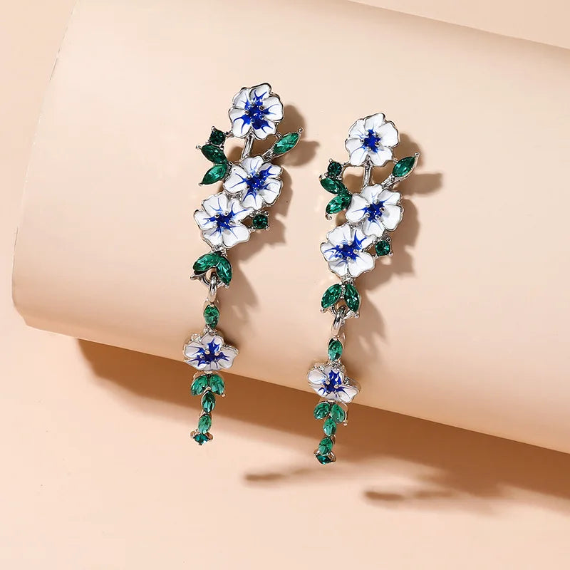 Luxury Romantic Enamel Flower Earrings Women Elegant Delicate Blue Trumpet Flower Long Aesthetic Earrings Wedding Party Gift New