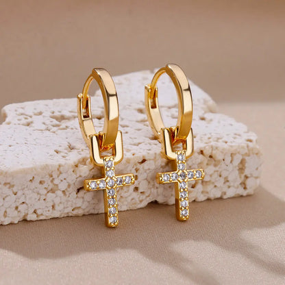 Zircon Cross Dangle Earrings For Women Girls Stainless Steel