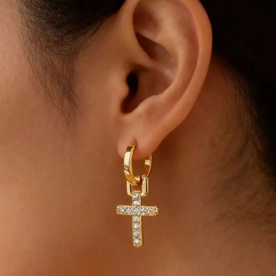 Zircon Cross Dangle Earrings For Women Girls Stainless Steel