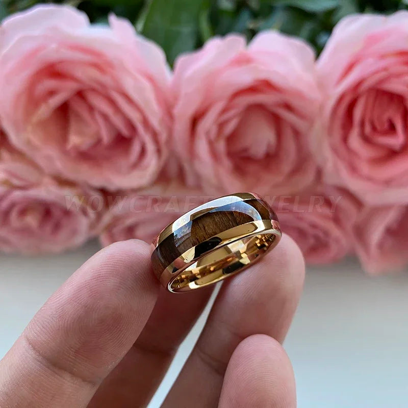 Rose Gold Bands Tungsten Carbide Ring Nature Dark Red Wood Inlay Comfort Fit New Design Wedding Rings
