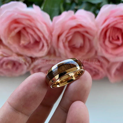 Rose Gold Bands Tungsten Carbide Ring Nature Dark Red Wood Inlay Comfort Fit New Design Wedding Rings
