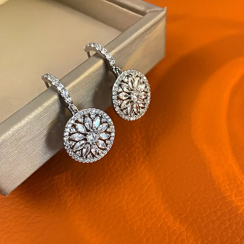Luxury Round Pendant Flower Hoop Earrings For Women Gold Silver Color Zircon Ear Buckle Bridal Wedding Party Versatile Jewelry