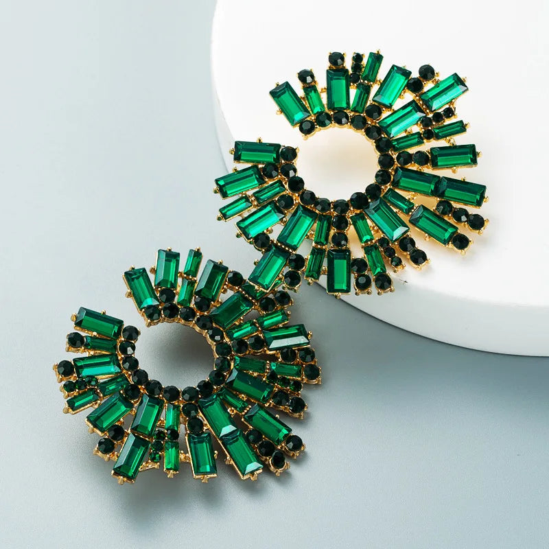Luxury Exaggerated Crystal Earrings for Women Large Circle Flower Shiny Rhinestone Stud Earring Trendy Fashion Jewelry