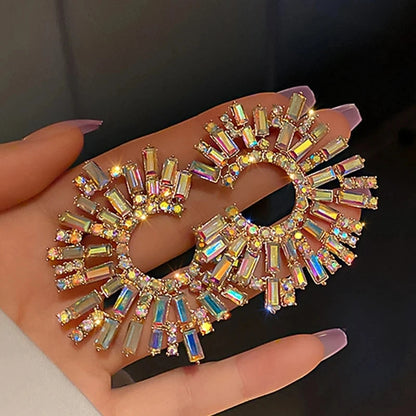 Luxury Exaggerated Crystal Earrings for Women Large Circle Flower Shiny Rhinestone Stud Earring Trendy Fashion Jewelry