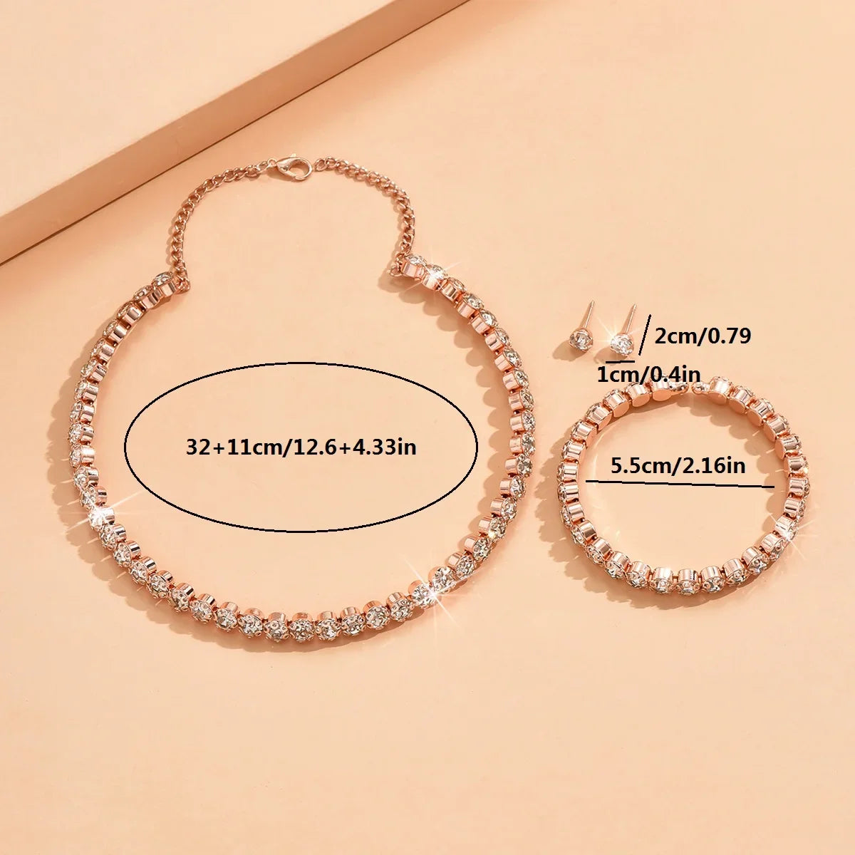 Light luxury and minimalist rhinestone necklace, earrings, and bracelet