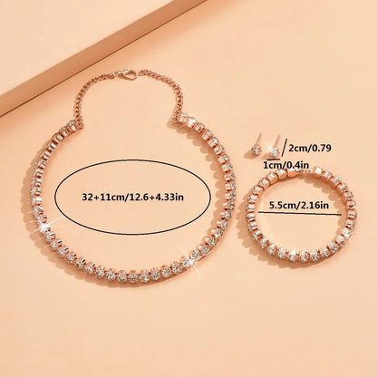 Light luxury and minimalist rhinestone necklace, earrings, and bracelet
