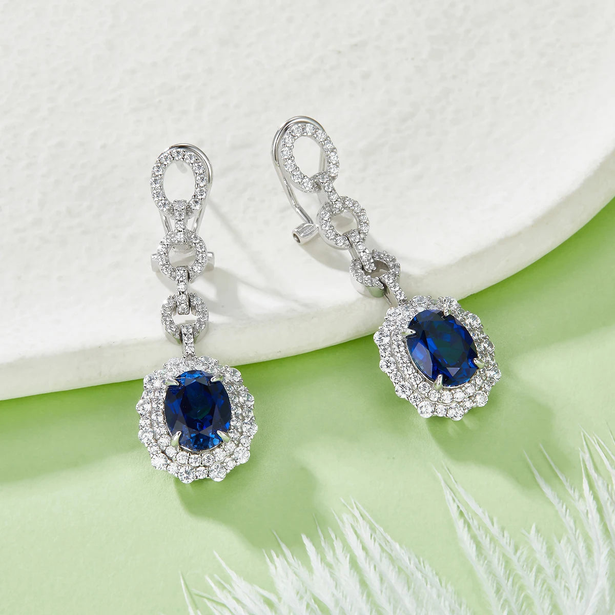 Luxury Long Earrings S925 Sterling Silver Oval Ear Racket with Artificial Ruby And Sapphire for Banquet Wedding Fashion Jewelry