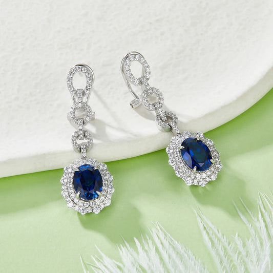 Luxury Long Earrings S925 Sterling Silver Oval Ear Racket with Artificial Ruby And Sapphire for Banquet Wedding Fashion Jewelry