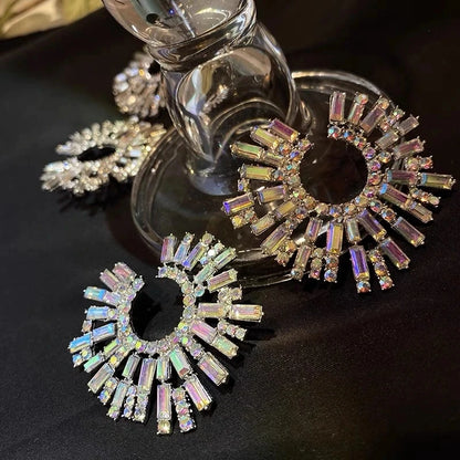 Luxury Exaggerated Crystal Earrings for Women Large Circle Flower Shiny Rhinestone Stud Earring Trendy Fashion Jewelry