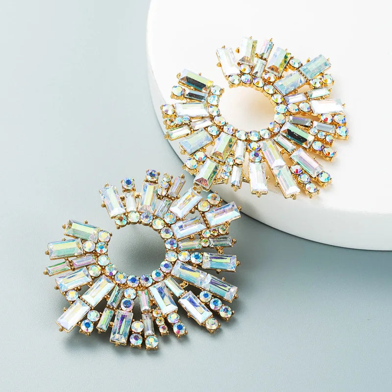 Luxury Exaggerated Crystal Earrings for Women Large Circle Flower Shiny Rhinestone Stud Earring Trendy Fashion Jewelry