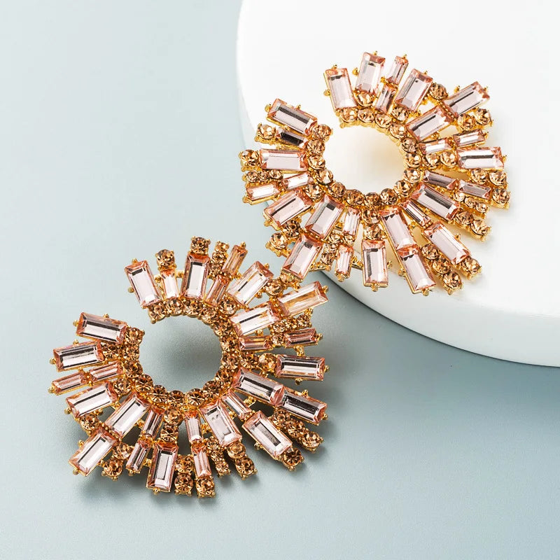 Luxury Exaggerated Crystal Earrings for Women Large Circle Flower Shiny Rhinestone Stud Earring Trendy Fashion Jewelry