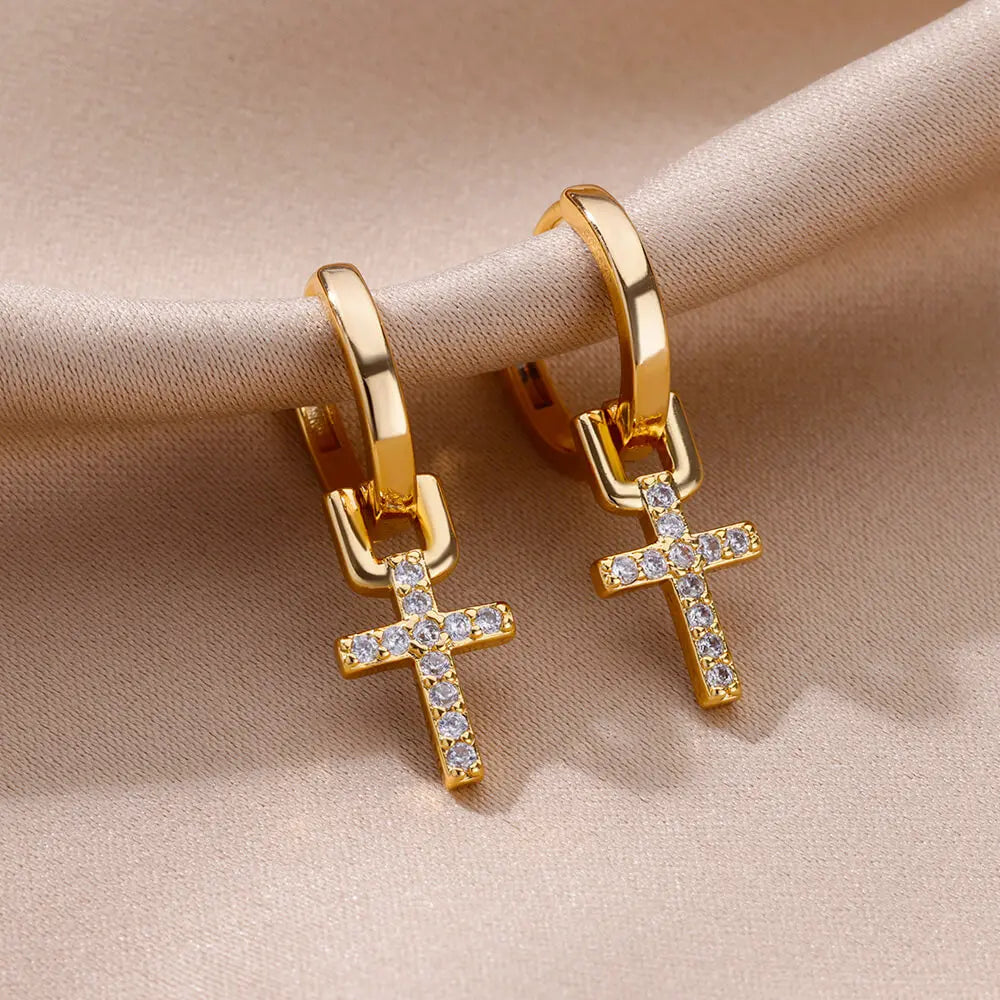 Zircon Cross Dangle Earrings For Women Girls Stainless Steel