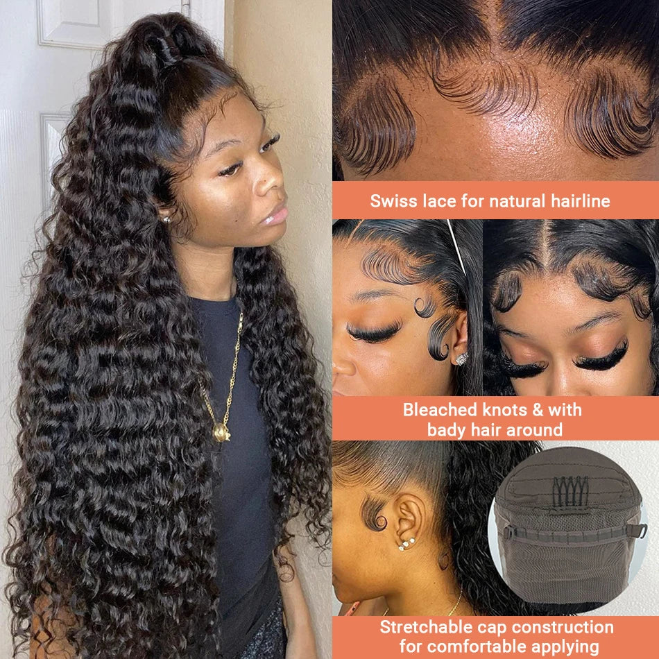 40 42 Inch Curly Lace Front Human Hair Wigs For Black Women Pre Plucked Transparent 13x4 Deep Wave Frontal Wig 13x6 Hd Lace Wig