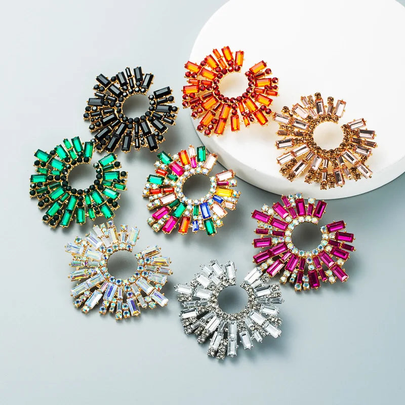 Luxury Exaggerated Crystal Earrings for Women Large Circle Flower Shiny Rhinestone Stud Earring Trendy Fashion Jewelry