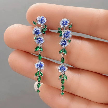 Luxury Romantic Enamel Flower Earrings Women Elegant Delicate Blue Trumpet Flower Long Aesthetic Earrings Wedding Party Gift New