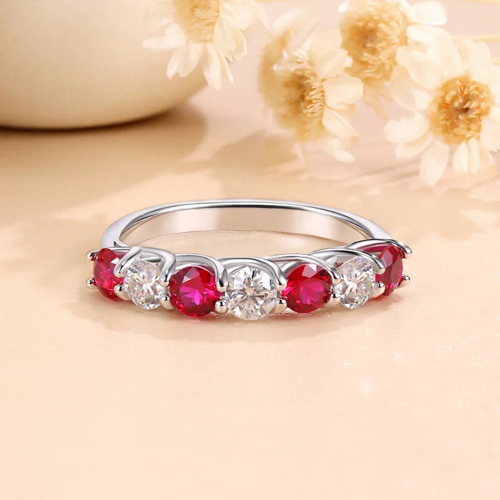Pretty Beauty Sapphire/Emerald/Ruby Wedding Band Half Halo Gemstone Moissanite Ring for Women S925 Sterling Silver Fine Jewelry