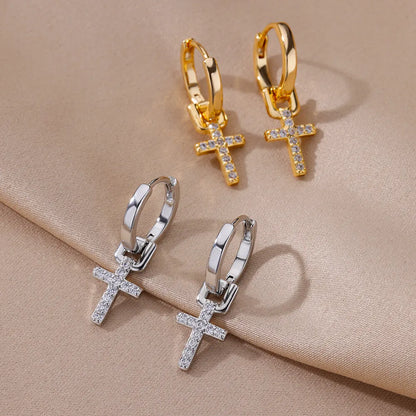 Zircon Cross Dangle Earrings For Women Girls Stainless Steel