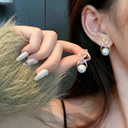 2 Pieces Of Women's Trendy Cross Studded Diamond Earrings
