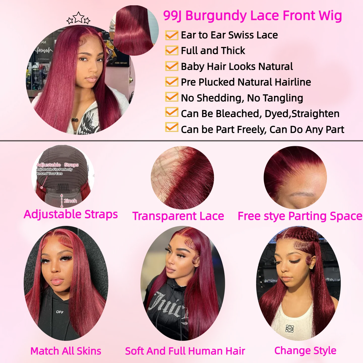 99J Burgundy  Straight Lace Front Human Hair Wigs 13x4 13x6 HD