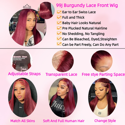 99J Burgundy  Straight Lace Front Human Hair Wigs 13x4 13x6 HD