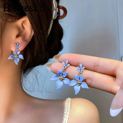 Luxury Romantic Enamel Flower Earrings Women Elegant Delicate Blue Trumpet Flower Long Aesthetic Earrings Wedding Party Gift New