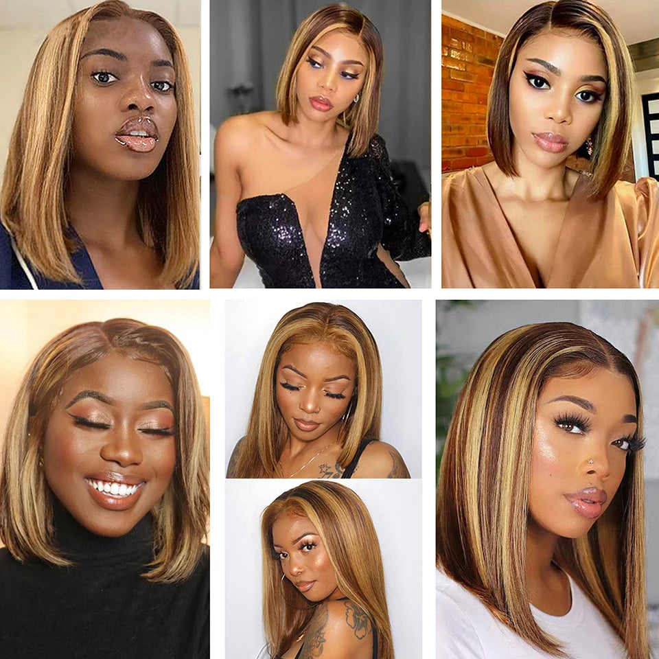 Short Bob Wig Highlight Color Human Hair Straight 13x4 Lace