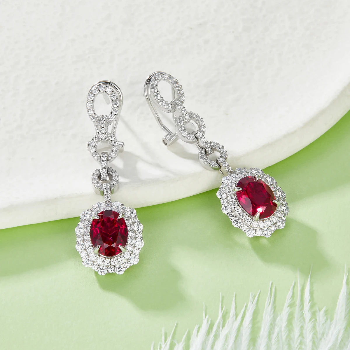 Luxury Long Earrings S925 Sterling Silver Oval Ear Racket with Artificial Ruby And Sapphire for Banquet Wedding Fashion Jewelry
