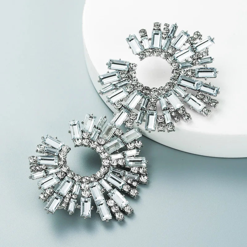 Luxury Exaggerated Crystal Earrings for Women Large Circle Flower Shiny Rhinestone Stud Earring Trendy Fashion Jewelry