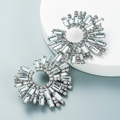 Luxury Exaggerated Crystal Earrings for Women Large Circle Flower Shiny Rhinestone Stud Earring Trendy Fashion Jewelry