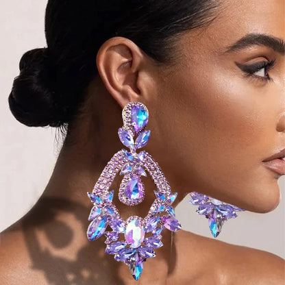 Luxury Purple Exaggerate Dangle Earrings Oversized Accessories Elegant Lady Water Drop Large Rhinestone Earrings Party Jewelry