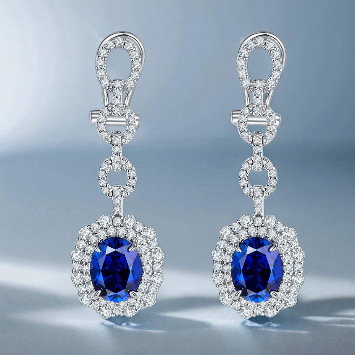 Luxury Long Earrings S925 Sterling Silver Oval Ear Racket with Artificial Ruby And Sapphire for Banquet Wedding Fashion Jewelry