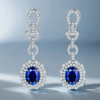 Luxury Long Earrings S925 Sterling Silver Oval Ear Racket with Artificial Ruby And Sapphire for Banquet Wedding Fashion Jewelry