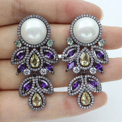 Luxury Evening Party Earrings for Women 2023 Trendy Shiny Flower Plant Dangle Earrings Purple Golden Jewelry Gift Wife