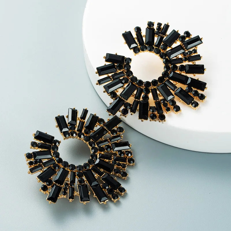 Luxury Exaggerated Crystal Earrings for Women Large Circle Flower Shiny Rhinestone Stud Earring Trendy Fashion Jewelry