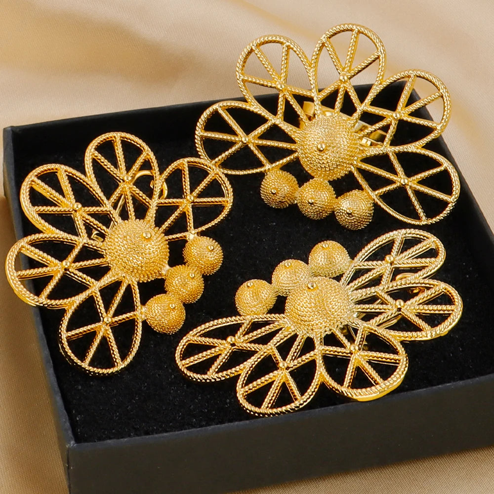 Luxury Handmade Big Earrings Ring Set  Plated Dubai Chain Wedding Jewelry Bridal Accessory Arab Turkis Earrings Women