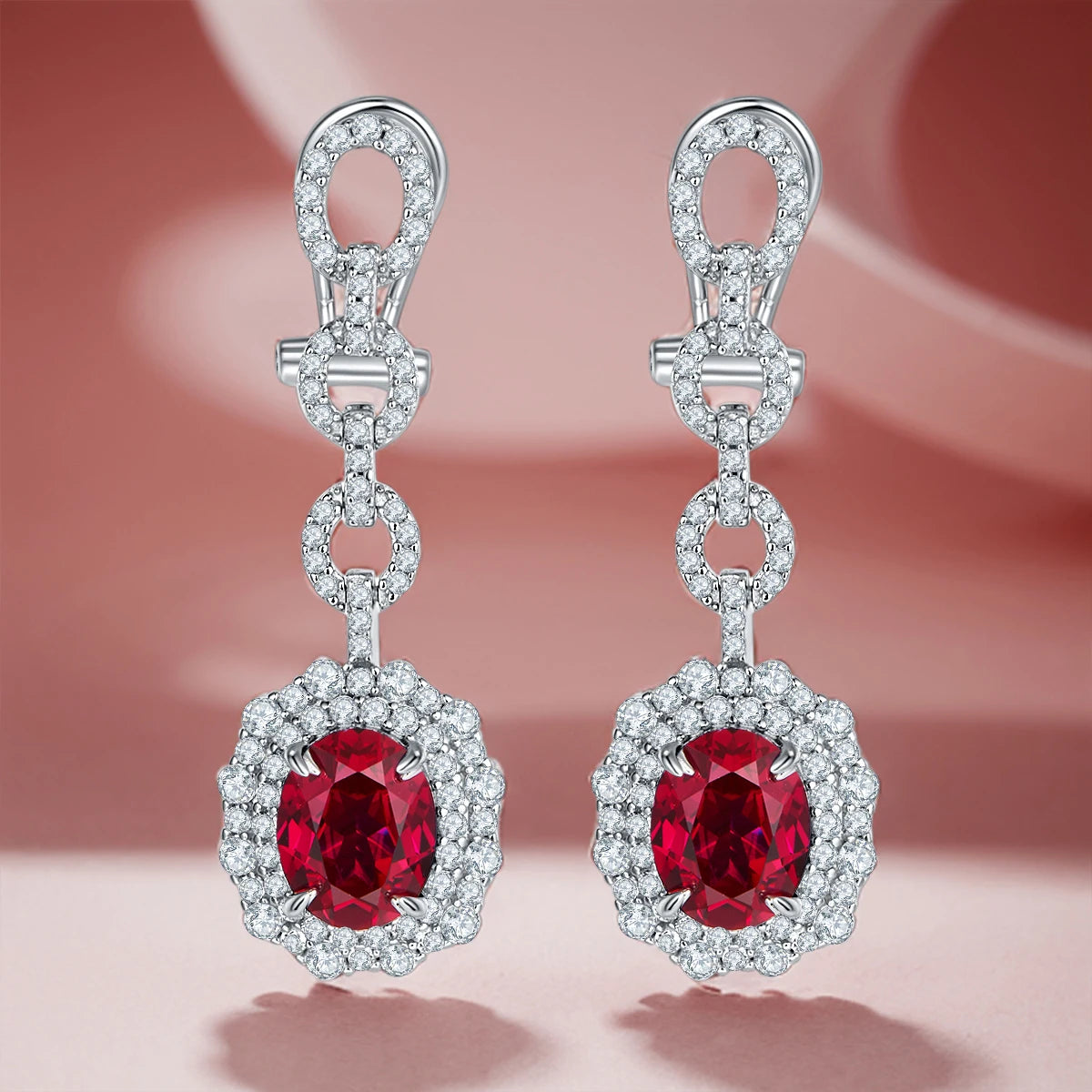 Luxury Long Earrings S925 Sterling Silver Oval Ear Racket with Artificial Ruby And Sapphire for Banquet Wedding Fashion Jewelry
