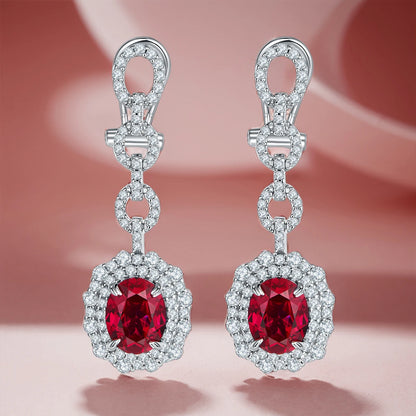 Luxury Long Earrings S925 Sterling Silver Oval Ear Racket with Artificial Ruby And Sapphire for Banquet Wedding Fashion Jewelry