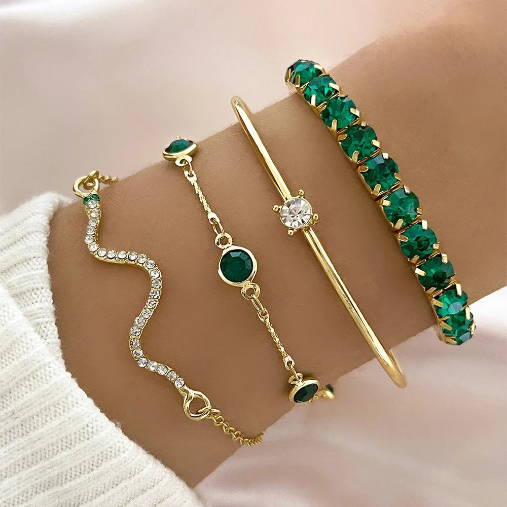 Fashion Snake Green Gemstone Bangle Rhinestone Full Metal Bracelet