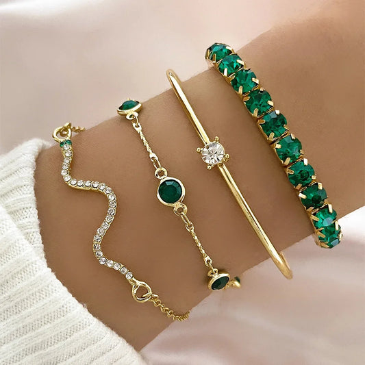 Fashion Snake Green Gemstone Bangle Rhinestone Full Metal Bracelet