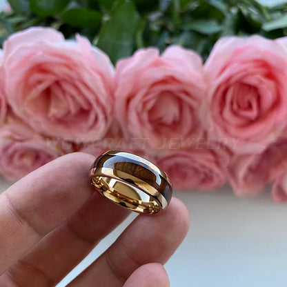 Rose Gold Bands Tungsten Carbide Ring Nature Dark Red Wood Inlay Comfort Fit New Design Wedding Rings