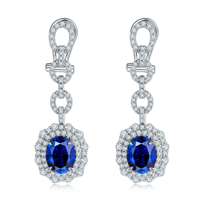 Luxury Long Earrings S925 Sterling Silver Oval Ear Racket with Artificial Ruby And Sapphire for Banquet Wedding Fashion Jewelry