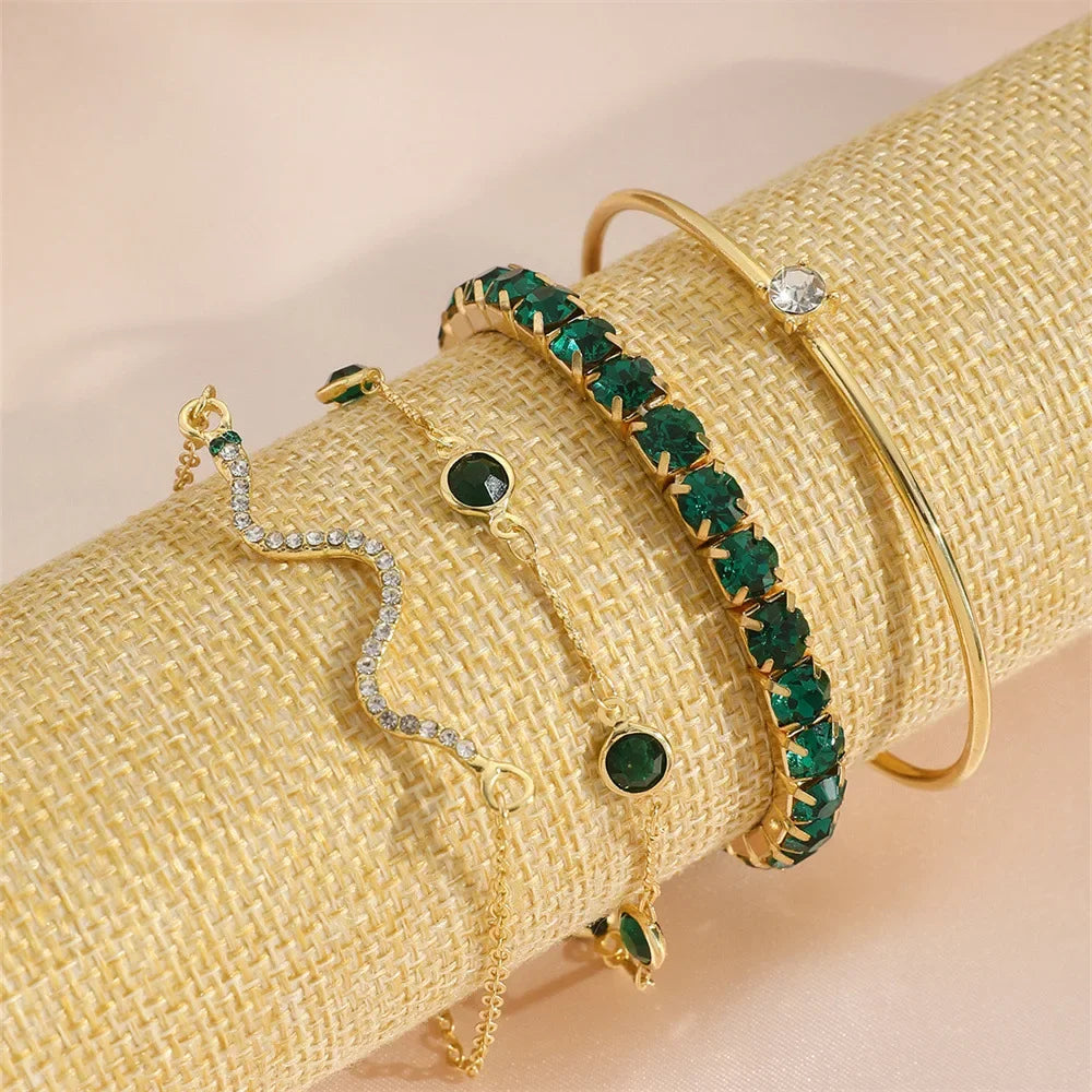 Fashion Snake Green Gemstone Bangle Rhinestone Full Metal Bracelet