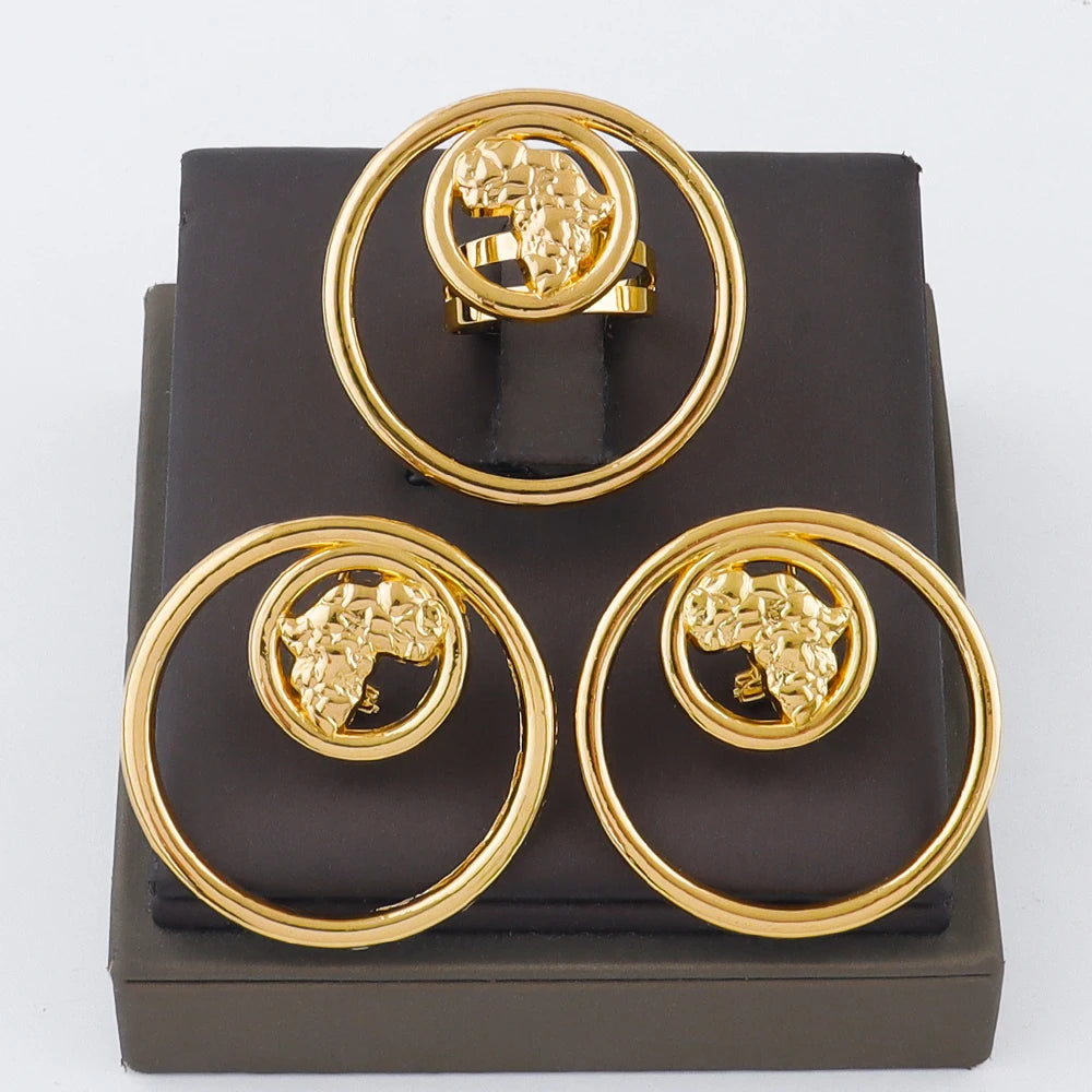 Luxury Handmade Big Earrings Ring Set  Plated Dubai Chain Wedding Jewelry Bridal Accessory Arab Turkis Earrings Women